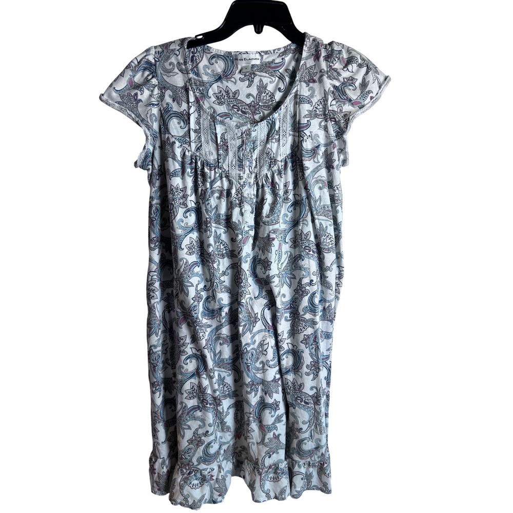 Miss Elaine Nightgown S White Blue Paisley Flutter Sleeve Lace Trim Womens
